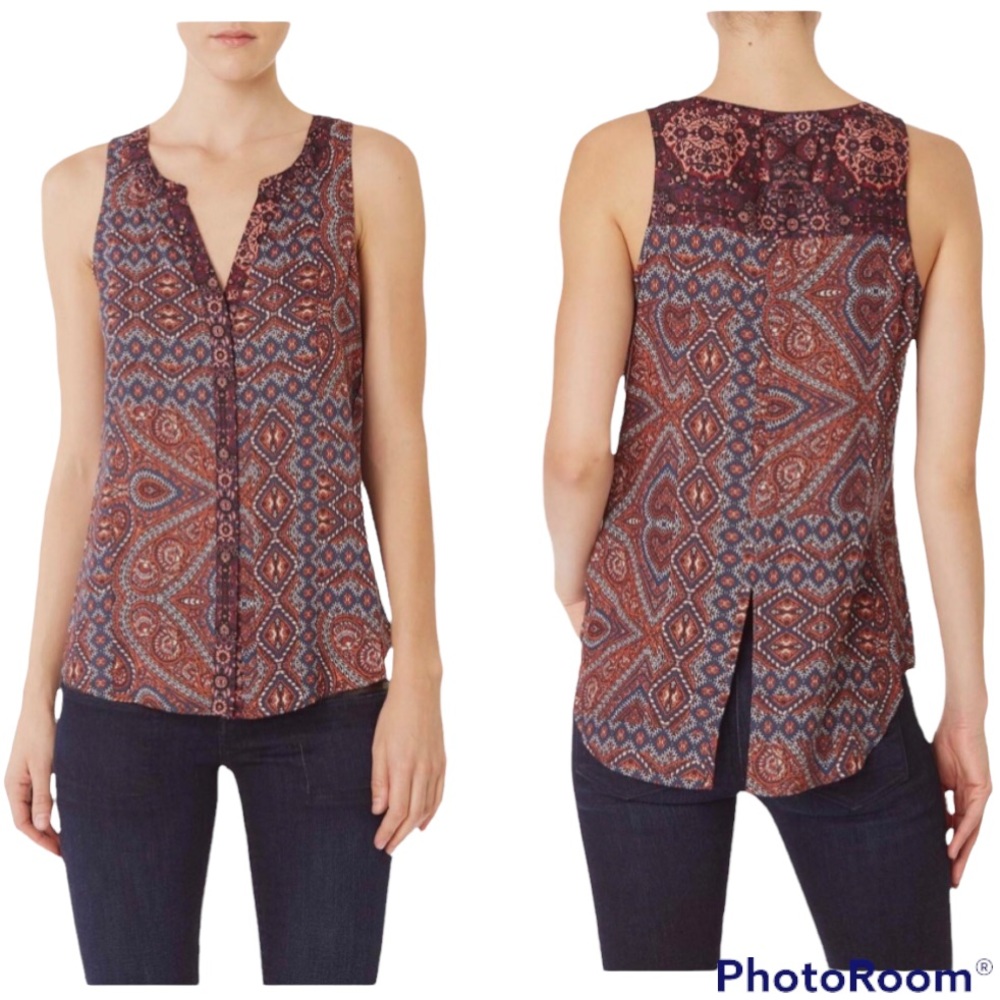 Sanctuary Split Back Sleeveless Blouse | Patchwork Print Tank Top
